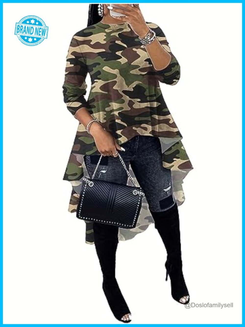 Women Camo High Low Ruffle Swing Midi Blouse Shirt Dress Long Sleeve